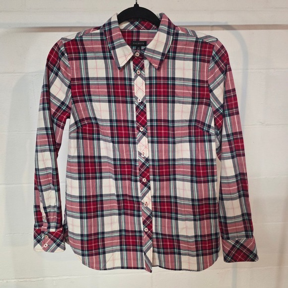Talbots Tops - Talbots Women XS Plaid Button Up Shirt Long Sleeve Red Green Cream Gold Holiday